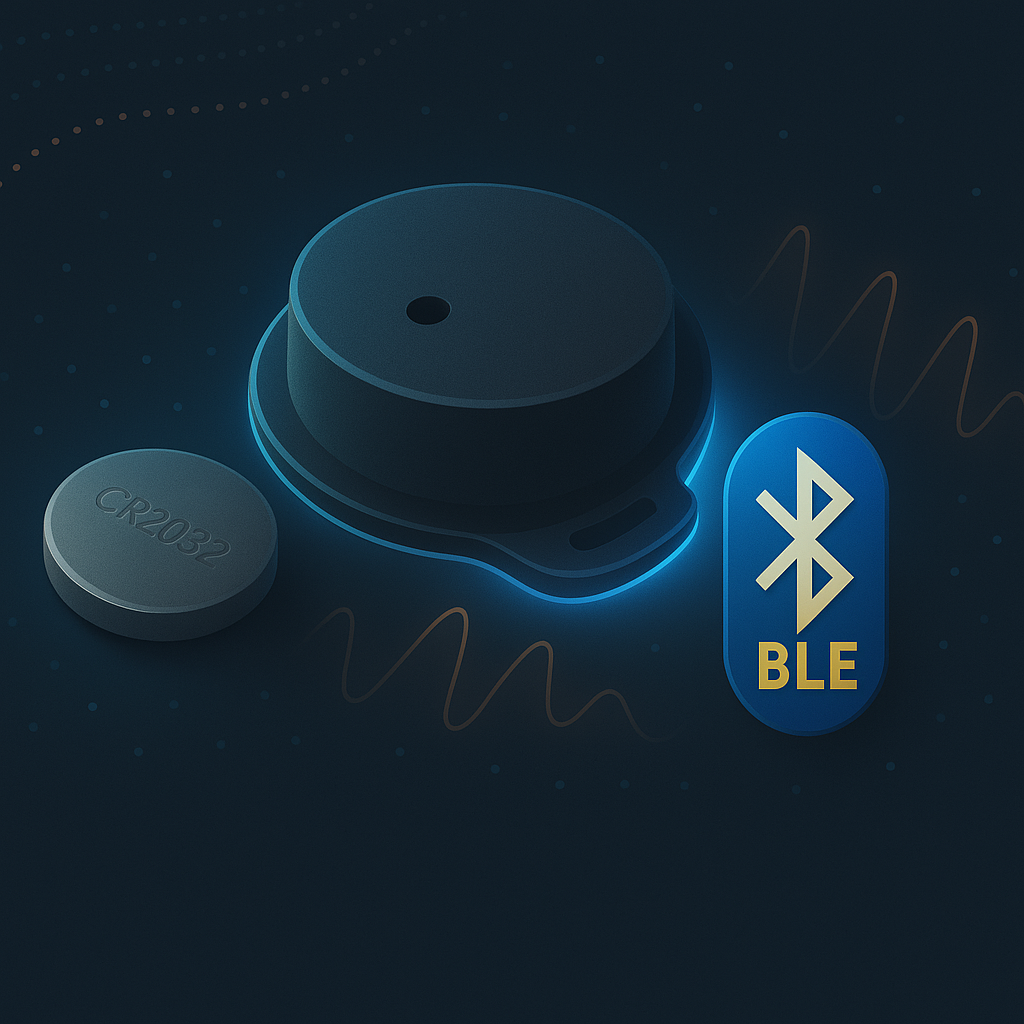 Concept illustration of a compact acoustic sensor beside a coin battery and Bluetooth symbol
