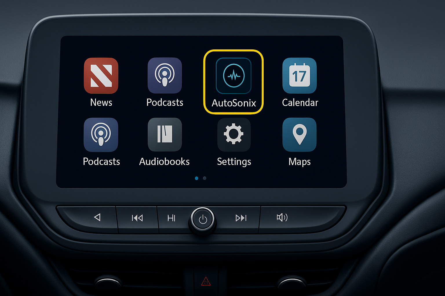 Concept infotainment screen showing an AutoSonix application icon