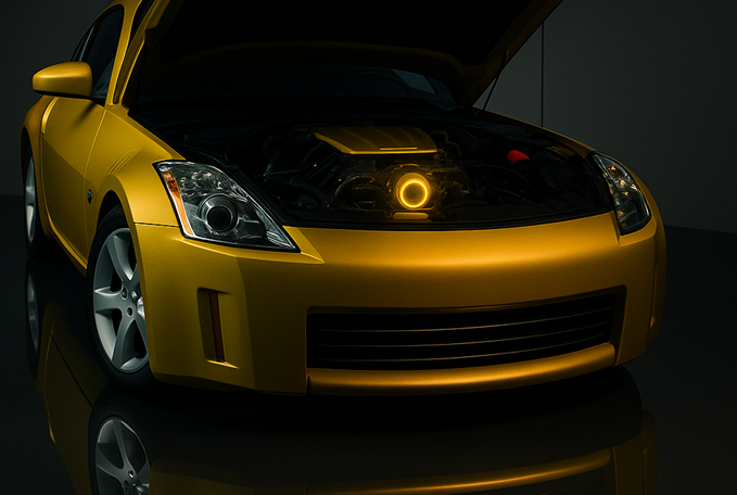 Concept vehicle with its hood open and an acoustic sensing location highlighted in the engine bay